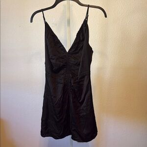 Astr Black Satin Chemise with Plunging V-Neckline‎